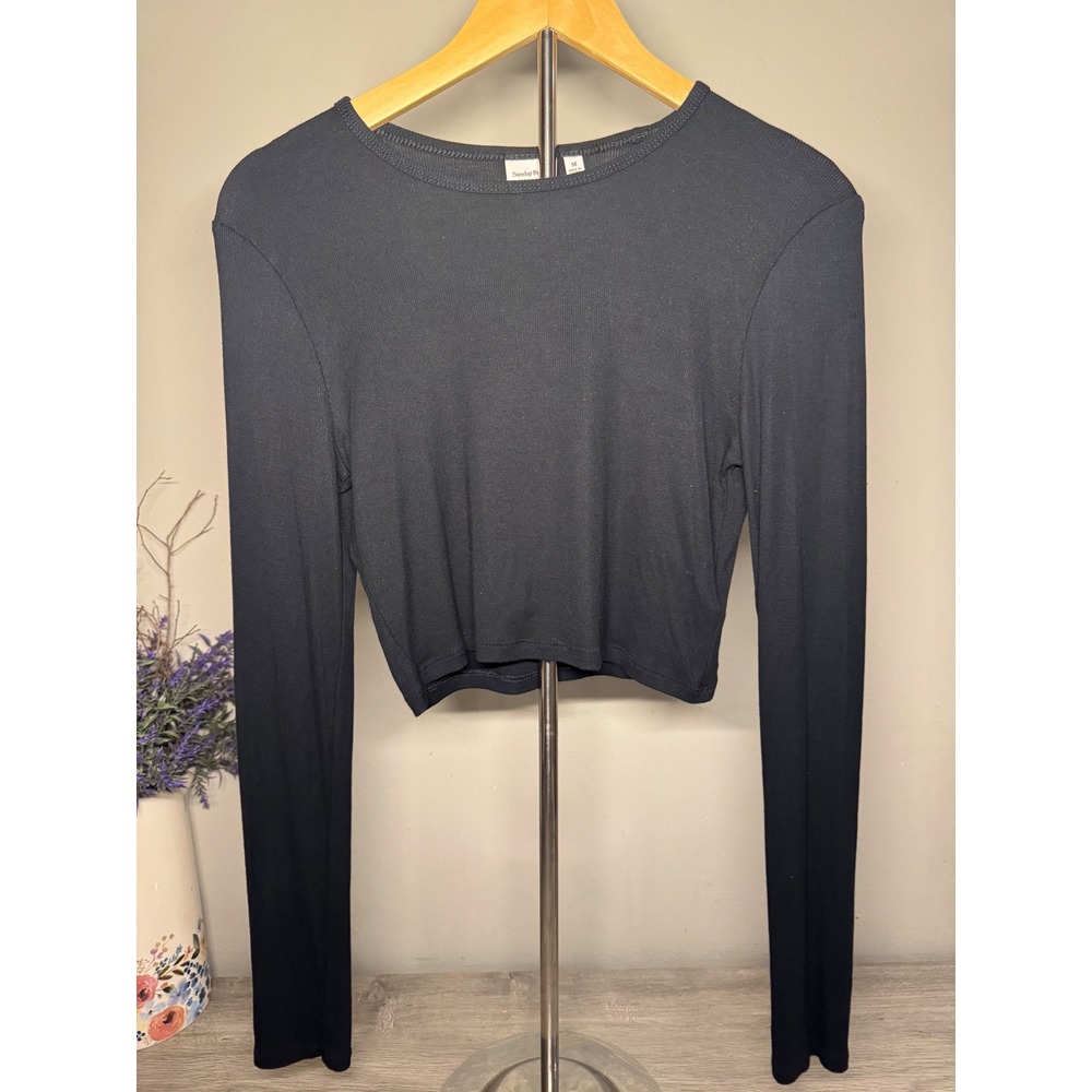 Sunday Best Aritzia Black Ribbed Long Sleeve Crop Top Crew Neck Size M